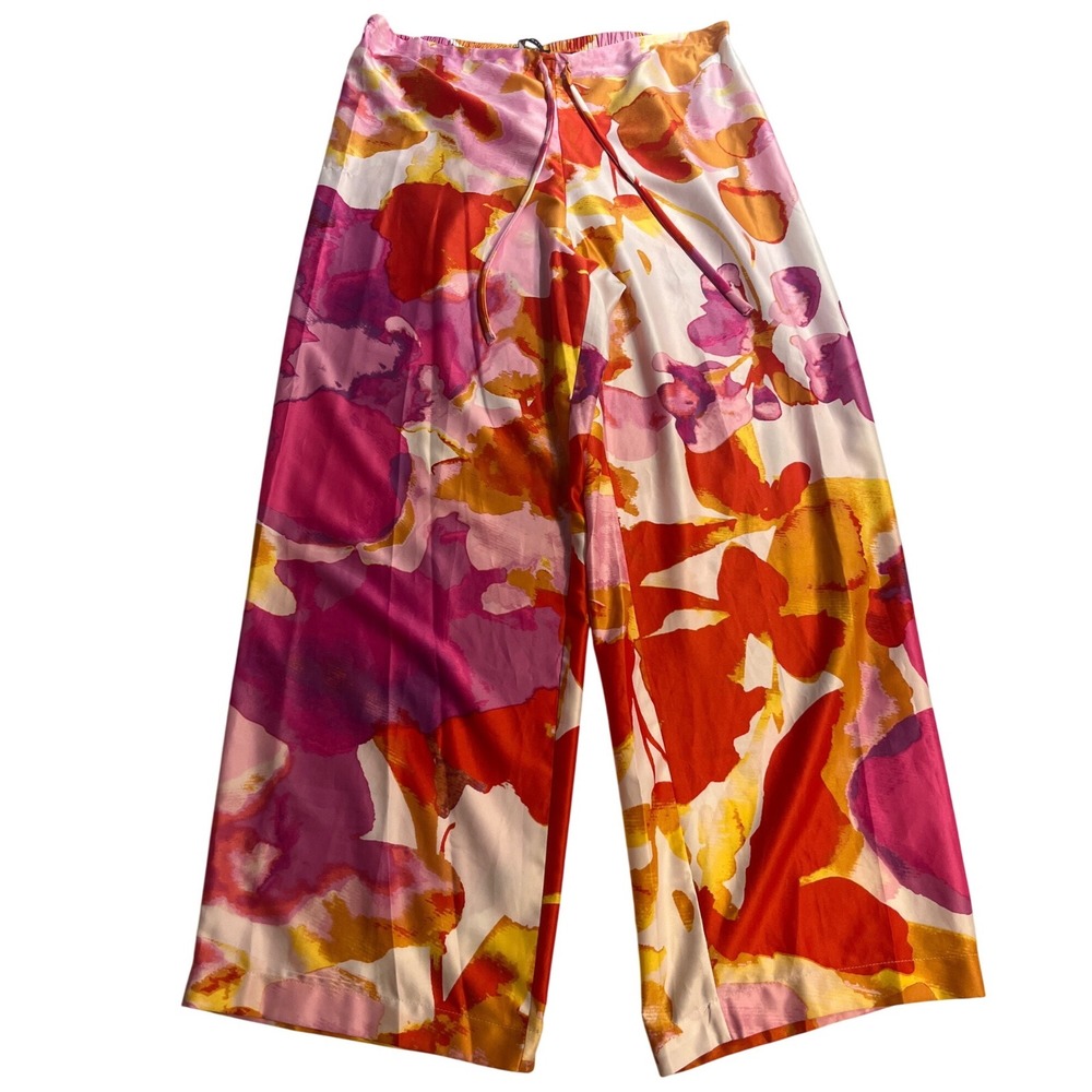 Natori Womens Medium Pink Orange Floral Wide‎ Leg Drawstring Lounge Pants NWOT